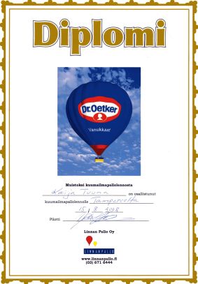 Kuumailmapallon OH-IDB 
diplomi